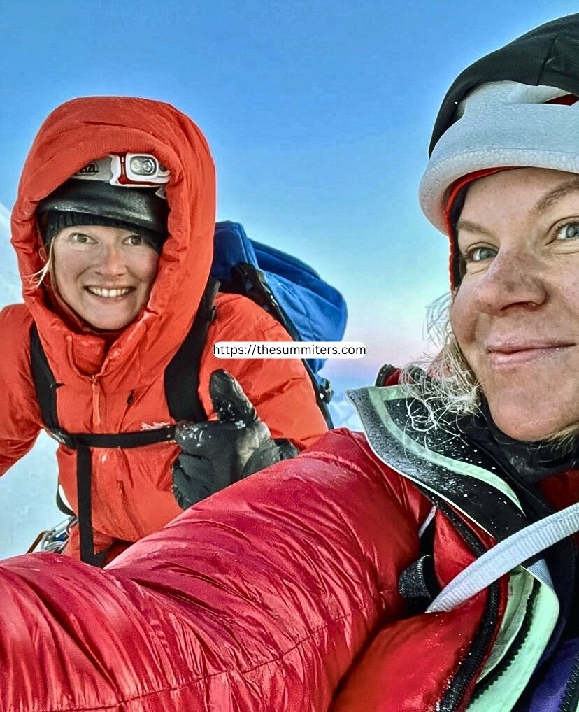 Priti Wright (left) and Anna Pfaff (right) on the summit of 3,731m Mount Huntington, Alaska. Photo: Anna Pfaff