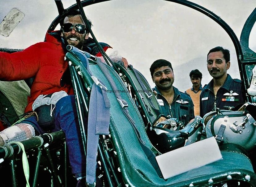 Stephen Venables (left) in the rescue helicopter with the two pilots. Photo: Dick Renshaw

