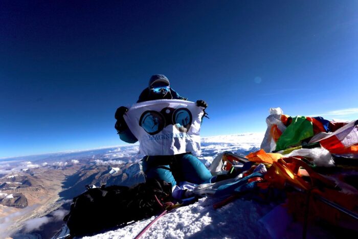 Mingma G on the summit of Everest without supplementary oxygen. Photo: Imagine Nepal

