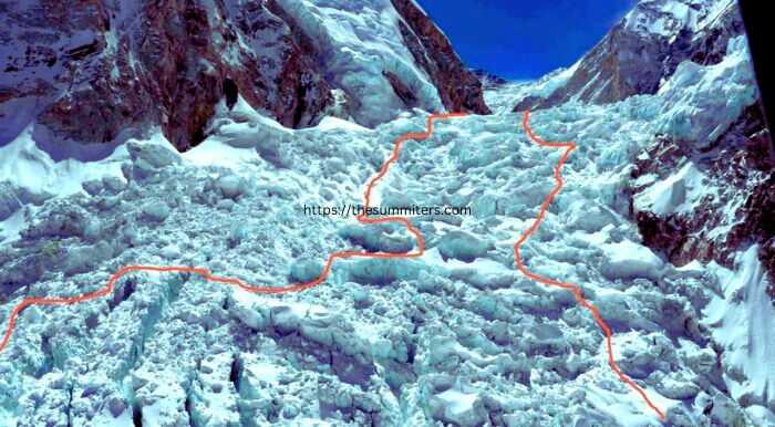 The classic route through the Khumbu Icefall was replaced by a new one closer to Nuptse in 2015. Photo and route lines: Garrett Madison

