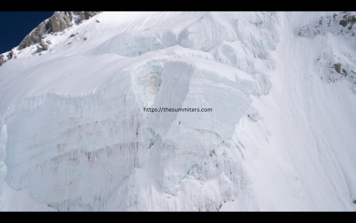 A huge serac hangs from Everest’s West Shoulder in the fall of 2019. It forced Andrzej Bargiel and team to abort their climb. Frame of a video by Bartek Bargiel


