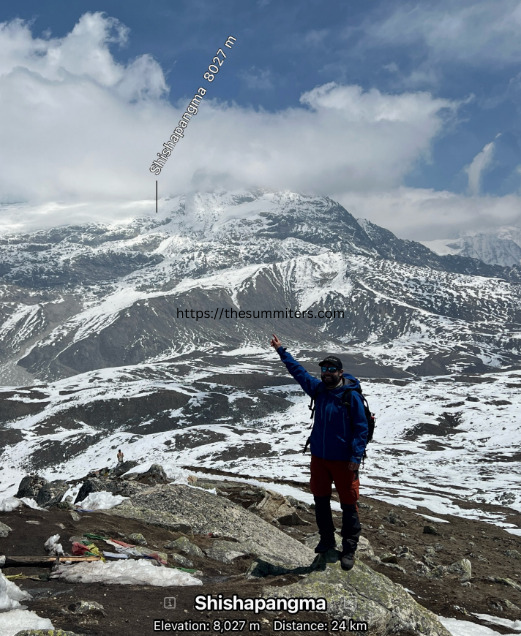 Dario Libano points to Shisha Pangma, 34km away, while hiking recently in Langtang, Nepal. Photo: Moeses Fiamoncini

