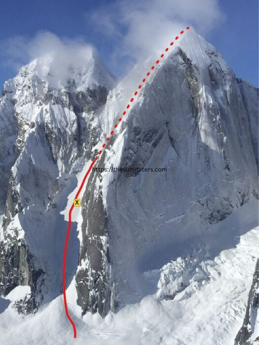 ‘The Escalator’ route on Mt. Johnson’s southeast face. The X indicates where Orzechowski was rescued. Photo: National Park Service

