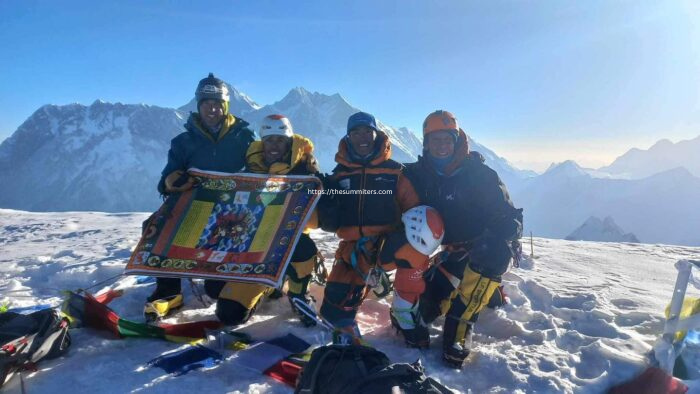 The Climbalaya team on the summit of Ama Dalbam. Photo: Climbalaya

