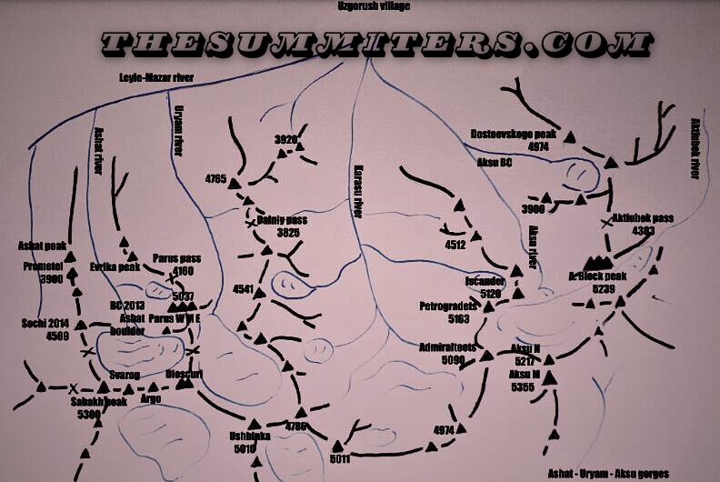 Map of the Ashat, Uryam, Kara-su, and Ak-su (sightly better known) Valleys. Map: Yuri Koshelenko for the American Alpine Journal