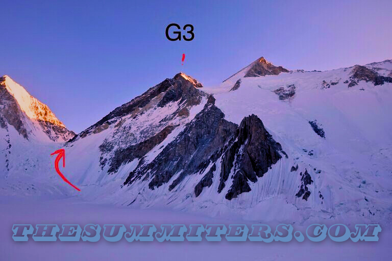 Gasherbrum III with the West Ridge to the left. To the right, Gasherbrum II, whose normal route the climbers chose for their descent. Photo: Tom Livingstone