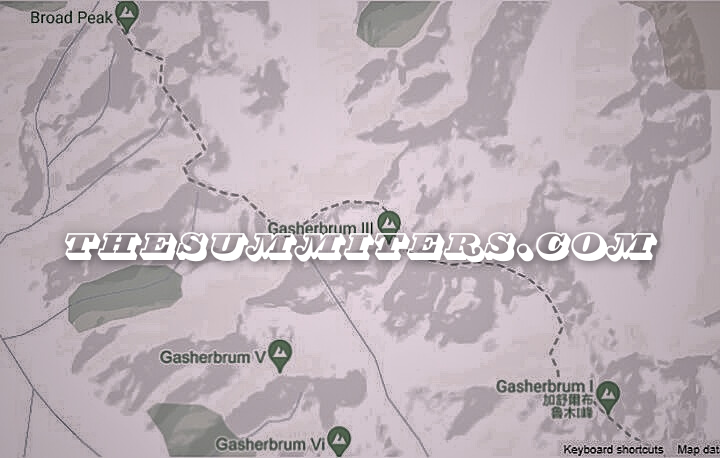 The Gasherbrums lie a day away from K2 and Broad Peak’s base camps. Image: Google Maps