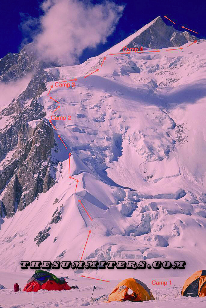 The normal route of Gasherbrum II with Camp 1 at the bottom and Gasherbrum III behind, partially covered by clouds. Photo: Alex Gavan

