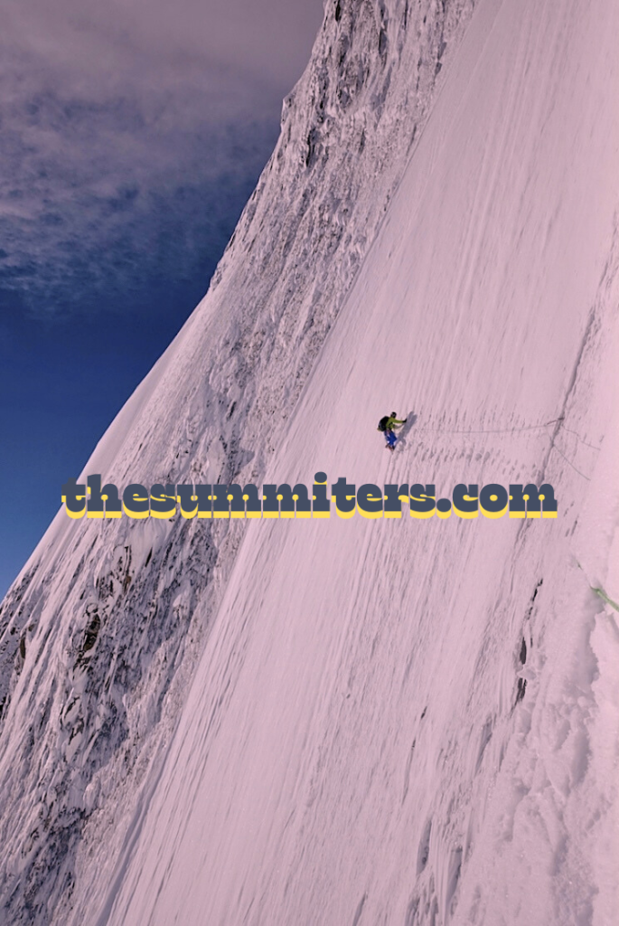 Kenro Nakajima traverses steep ice toward the route’s crux at about 6,500m on Shispare. Photo: Kazuya Hiraide

