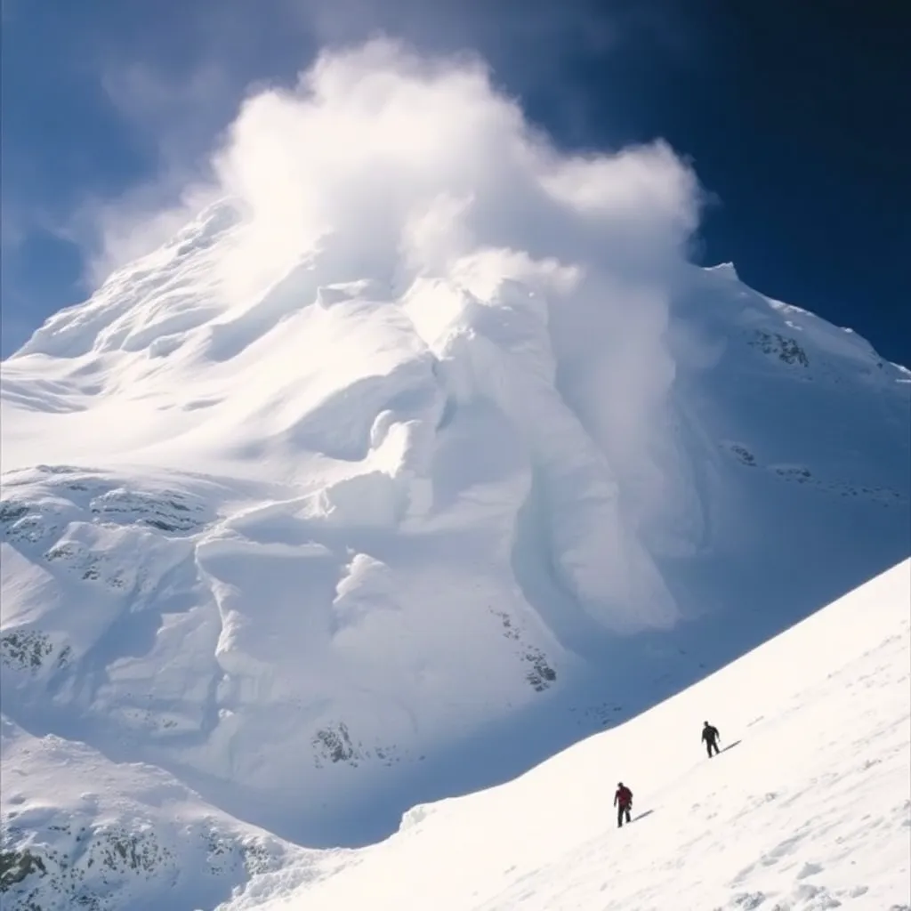 A dramatic image of an avalanche, illustrating the dangers climbers face in high-altitude environments.