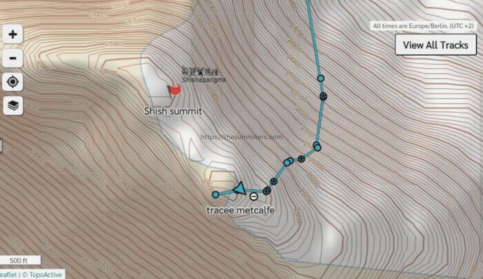 Tracee Metcalfe’s tracker shows her descending from the summit at 5 pm Chinese time.

