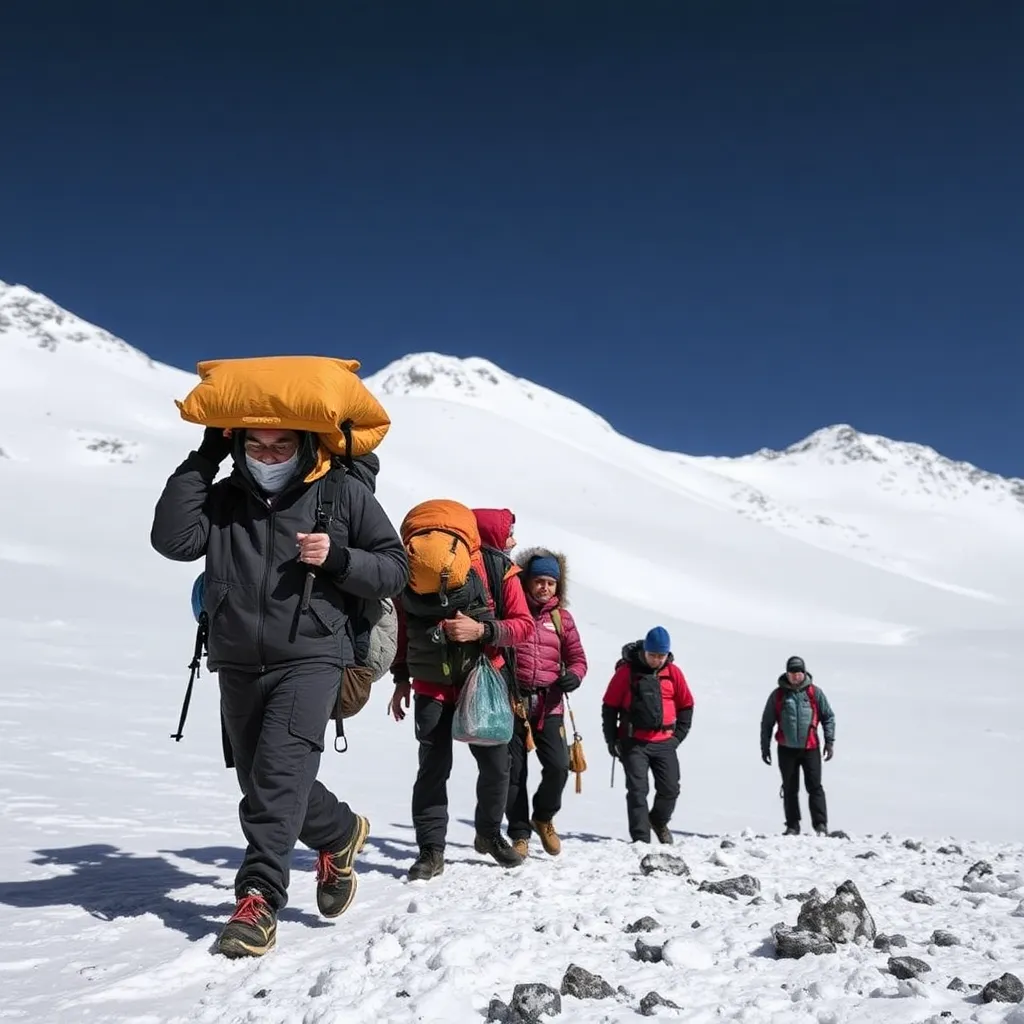 A photo of Sherpas carrying gear and assisting climbers, highlighting their crucial role in high-altitude expeditions.